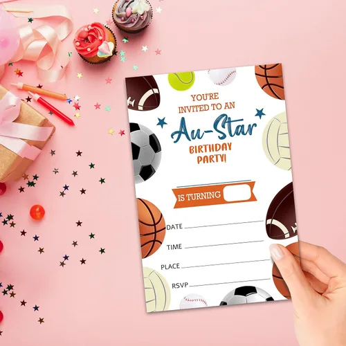 Vista 4 de All Star - Tarjetas de invitaciones para fiestas de cumpleaños, suministros para fiestas deportivas para niños, niños o niñas, 20 invitaciones