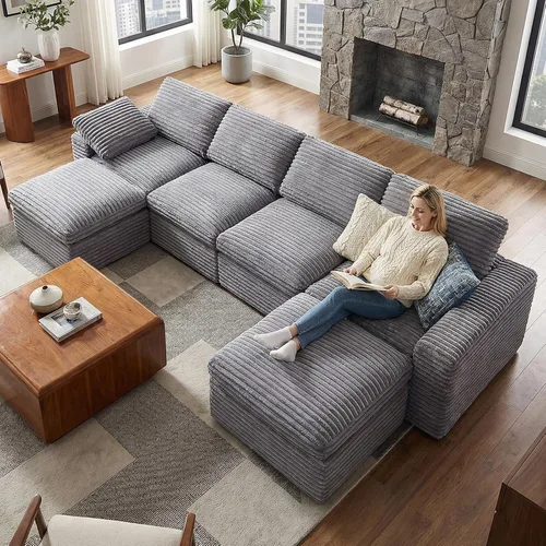 Vista 19 de KKL Sofá modular de 150 pulgadas, sofá modular en forma de U con otomana, sofá de pana sin hueso para sala de estar y dormitorio, sofá modular Negro