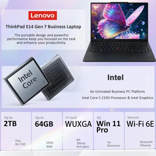Vista 2 de Lenovo ThinkPad E14 Gen 7 Business Laptop, 14" FHD+, Intel Core 5 210H (> i7-1355U), FP, cámara web IR, KB retroiluminada, Thunderbolt 4