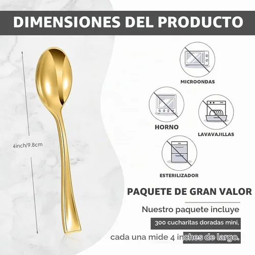 Vista 2 de Juego de 300 mini cucharas desechables doradas de 4 pulgadas, pequeños postres de plástico, cucharas de degustación resistentes para aperitivos