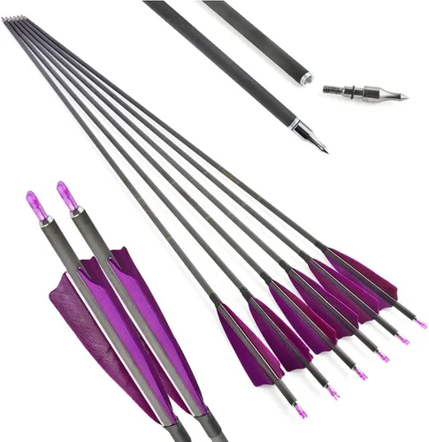 Vista 9 de 6/12 flechas de carbono de tiro con arco de 34 pulgadas, 400 flechas compuestas de caza con plumas de pavo de 4 pulgadas, flecha de práctica
