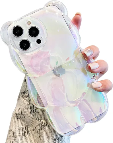 Vista 6 de Bear - Funda para teléfono compatible con el teléfono 11, bonita funda holográfica negra 3D con diseño de oso holográfico, a prueba de golpes, Kpop