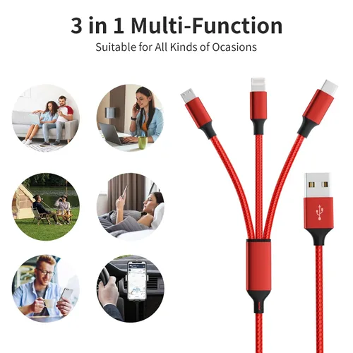 Vista 13 de Cable de carga múltiple 3 en 1, paquete de 2 cables USB de nailon trenzado