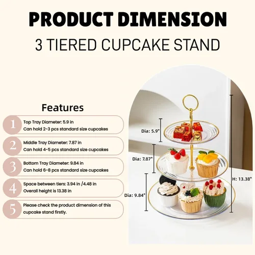 Vista 3 de RAUVOLFIA Soporte para cupcakes de 3 niveles, soporte pequeño para tartas, soporte de postre de plástico transparente, bandeja para servir pasteles
