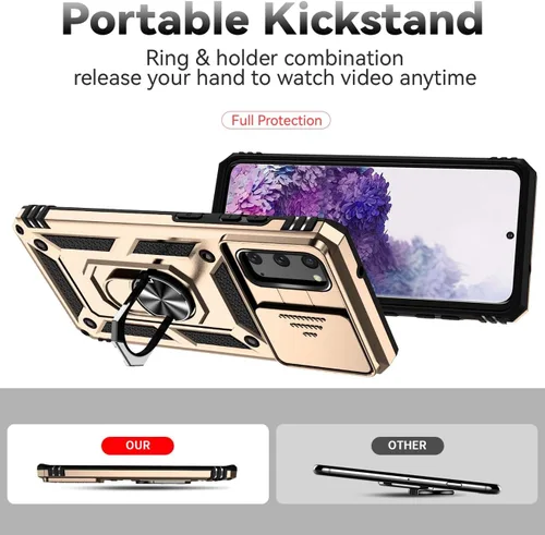 Vista 4 de Funda para Galaxy S20 5G, Samsung S20 SM-G981U con protector de pantalla de vidrio templado y cubierta de cámara deslizante, anillo magnético