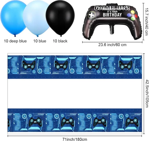 Vista 3 de Skylety 34 Piezas Decoraciones de Cumpleaños de Jugador Suministros de Fiesta de Videojuegos Incluyendo Telón de Fondo de Feliz Cumpleaños