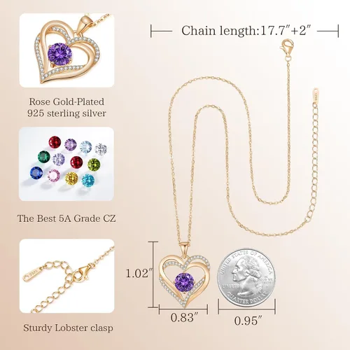 Vista 6 de LOUISA SECRET Love Heart Birthstone Necklaces for Women, Birthday Gift for Women, Anniversary Jewelry for Wife Her, 925 Sterling Silver Pendant