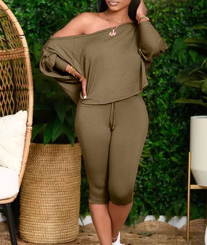 Vista 4 de FYEARFOX Conjunto de dos piezas para mujer, con un hombro descubierto, manga larga, sin botones, con cordón, pantalones capri