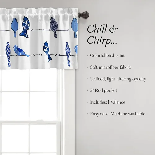 Vista 4 de Lush Decor Rowley Birds - Cortina (panel individual), 52 pulgadas de ancho x 18 pulgadas de largo, azul marino