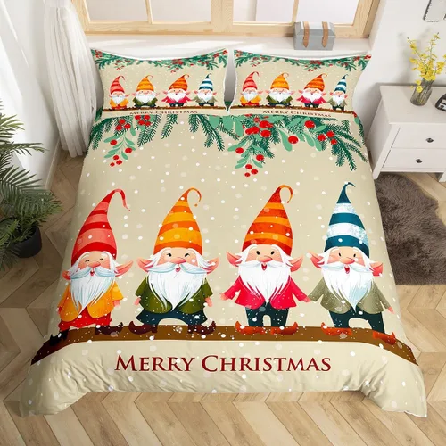 Vista 34 de Erosebridal Juego de ropa de cama de Navidad escandinavos gnomos de Papá Noel, funda de edredón de Papá Noel nevando para niños y niñas, funda