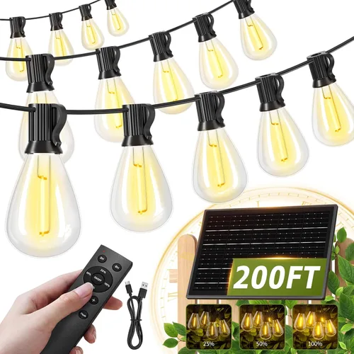Vista 8 de Tira de luces solares para exteriores de 100 pies con 36+2 bombillas Edison inastillables e impermeables, luces de patio de grado comercial de 2200
