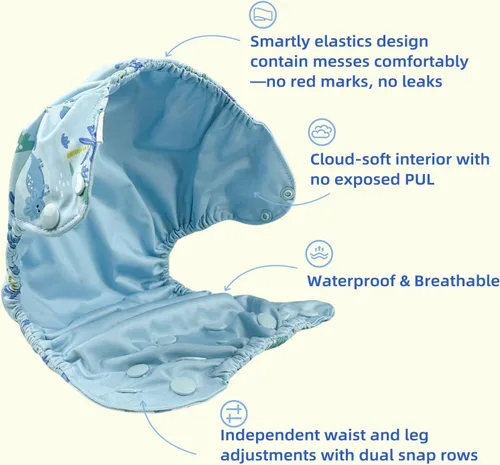 Vista 2 de BISENKID Pañal de tela impermeable reutilizable – Cubierta exterior ajustable sobre una capa interior absorbente para evitar explosiones de orina