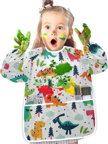 Vista 4 de STAYTOP Lindas batas de dinosaurio para niños, delantales impermeables para pintura de artistas para edades de 2 a 6 años, F