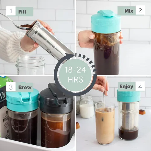Vista 11 de Masontops Kit para preparar café frío – Cafetera helada de lujo con jarra de vidrio y filtro de malla de acero inoxidable – Sistema de nevera fácil