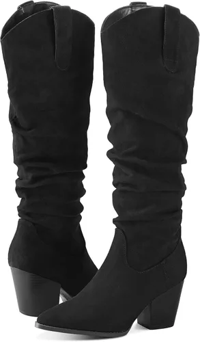 Vista 2 de mysoft Botas vaqueras hasta la rodilla para mujer, punta puntiaguda, tacón grueso medio, botas holgadas con cremalleras