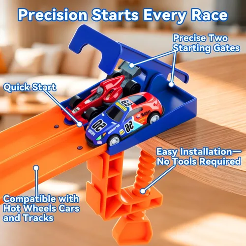 Vista 7 de Track Clamp and Starter Gate Compatible with Hot Wheels Racetracks (4 Lane Startr Gate + 2 Clamp Combo)