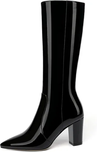 Vista 79 de AMBELIGHT Botas altas hasta la rodilla con cremallera y puntera puntiaguda para mujer, de patente sólida, tacón alto, 3.3 pulgadas
