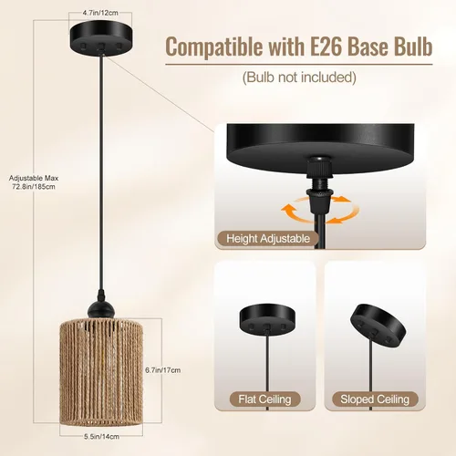 Vista 2 de BoostArea Luces Colgantes de Ratán para Isla de Cocina, Candelabro de Estilo Rústico con Pantalla de Mimbre Tejida a Mano, Luz Colgante Bohemia