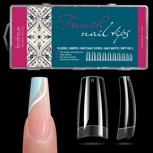 Vista 24 de Krofaue Uñas postizas con punta francesa: uñas cuadradas cortas a presión Puntas de uñas cuadradas francesas mate