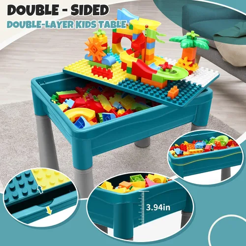 Vista 2 de Mesa de actividades para niños de doble cara con almacenamiento, mesa multiactividad todo en uno, 105 piezas de bloques de construcción con pista
