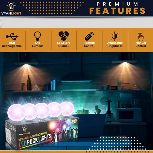 Vista 2 de VYANLIGHT Luces de disco recargables con 2 controles remotos, iluminación LED de disco de 16 colores intercambiables, funciona con pilas, regulables