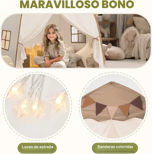 Vista 2 de Tienda de Juegos Extra Grande para Niños con Banderas y Luces de Estrella, Tipi Portátil y Plegable, Tiendas de Cama Dosel de Cama para Niños
