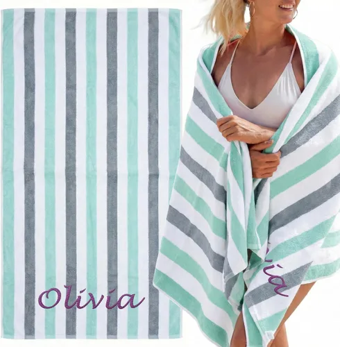 Vista 9 de Toallas de playa personalizadas Passion para adultos - Toallas de piscina personalizadas con nombre - Algodón altamente absorbente - Diseño a rayas