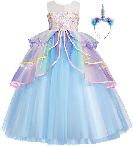 Vista 74 de Disfraz de unicornio para niñas, vestido largo de tul con diadema, fiesta de cumpleaños, carnaval, cosplay