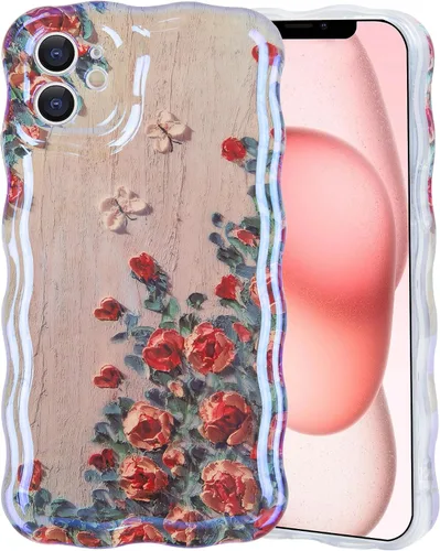 Vista 43 de IDweel Funda para iPhone 11, Lujosa Pintura al Óleo Retro Colorida con Patrón de Flores Brillantes Impresas, Lindo Borde Ondulado Rizado, Exquisita