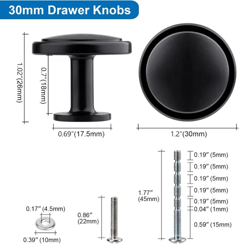 Vista 6 de WEAVERBIRD Paquete de 2 pomos redondos negros para gabinete, pomos modernos de aleación de zinc de 1-1/4 pulgadas para armarios de cocina, puertas