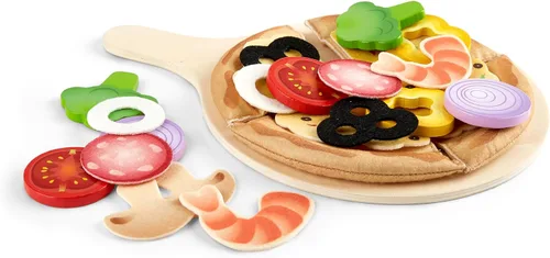 Vista 6 de Hape Juego de madera de pizza perfecto para cocina de niños, horno de pizza 2 en 1 y caja de entrega, 29 piezas de juego de simulación para niños