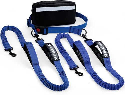Vista 8 de Correa de perro manos libres con cinturón – Bungee sin tirones, asas acolchadas dobles y bolsa con cremallera para correr, caminar y entrenar
