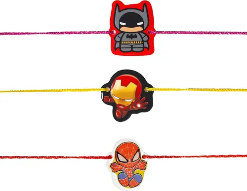 Vista 3 de Juego de 3 superhéroes Rakhi para hermano pequeño y hermana Rakhi de lujo para pequeño Bhai Bro Rakhi hilo RNJ0042, Algodón, No es una piedra