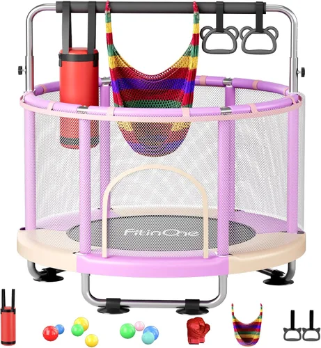 Vista 10 de 55" Toddler Mini Trampoline for Kids, Indoor Outdoor Toys with Swing, 440lbs Baby Kids Trampoline, Gymnastics Bar, Birthday Gifts for Boy Girl Age