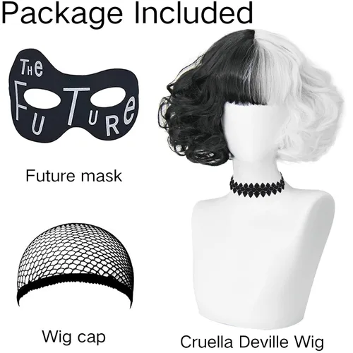 Vista 2 de NICAT - Peluca de Cruella de Vil para mujeres disfraces para hacer cosplay con máscara del futuro peluca con una mitad blanca y la otra negra