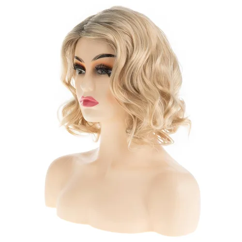 Vista 2 de Peluca corta ondulada rubia para mujer, peluca sintética con parte lateral para Halloween, cosplay, peluca de pelo Rubio