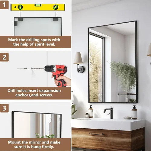 Vista 6 de Espejo de baño negro de 22"x30", espejo rectangular con marco de metal negro mate, espejo de tocador con esquinas cuadradas, espejo para pared