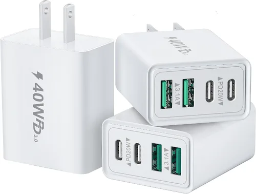 Vista 12 de [Paquete de 2] Bloque de cargador USB C, cargador de pared USBC de 40 W, 4 puertos, carga rápida, adaptador de corriente USB-C dual + enchufe