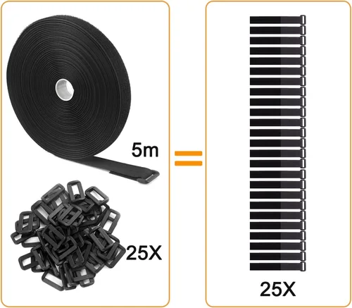 Vista 5 de Correas de cable ajustables de 16 pies x 0.8 pulgadas con hebillas, longitud de corte libre, bridas de sujeción reutilizables negras, correa
