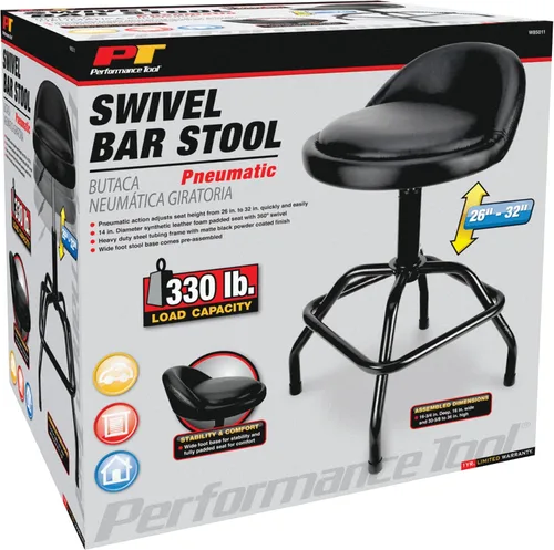 Vista 9 de Performance Tool W85011 Taburete de bar giratorio neumático con respaldo, giro de 360 grados, estructura de acero resistente, negro