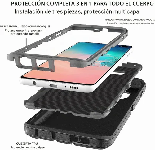 Vista 4 de Funda para Galaxy S10 Plus - Protección resistente 3 en 1 con 2 protectores de pantalla de TPU (negro/gris)