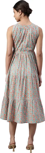 Vista 5 de Janasya Vestido indio de algodón verde menta con estampado floral de bloques para mujer