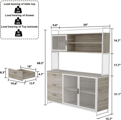 Vista 2 de AGOTENI Armario grande de cocina, armario de almacenamiento con 3 puertas de metal, 3 cajones y estante para microondas, para almacenamiento abierto
