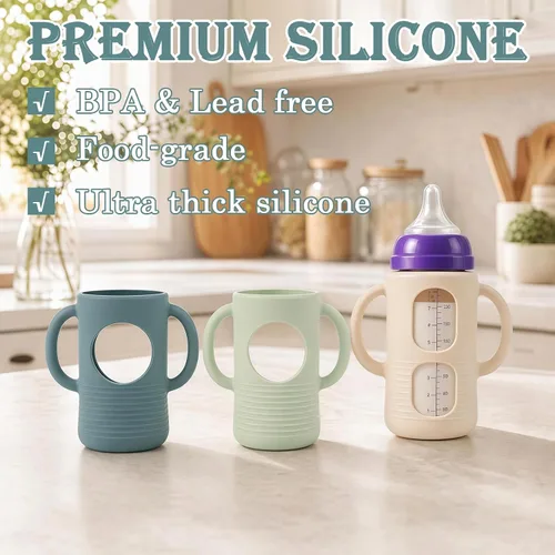 Vista 5 de Paquete de 3 fundas de silicona compatibles con botella de vidrio de paloma Beige+Azul+Verde