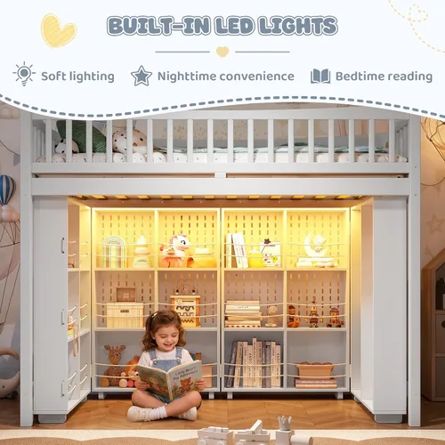 Vista 7 de SOFTSEA Twin Size Loft Bed with LED Lights & Storage Shelves, Antique White