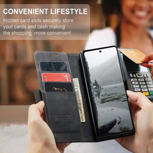 Vista 5 de Funda tipo cartera para Samsung Galaxy Z Fold 7 de piel con tarjetero y función atril, cierre magnético, bloqueo RFID, TPU a prueba de golpes, Negro