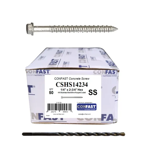 Vista 10 de CONFAST Tornillos de hormigón de 1/4" x 1-1/4" 410 hexagonal de acero inoxidable con broca de hormigón para anclaje a mampostería, bloque o ladrillo