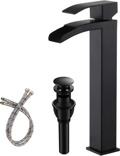 Vista 6 de VCCUCINE - Grifo de lavabo negro de un solo agujero, cascada de un solo agujero, grifo de baño, grifos altos para lavabo con drenaje desplegable