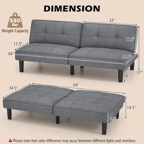 Vista 10 de KOMFOTT Sofá cama tipo futón convertible, sofá cama plegable tapizado de lino con respaldo ajustable de 6 posiciones, cojín grueso, sofá reclinable