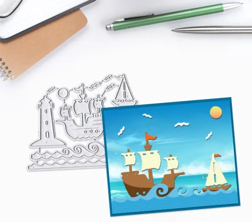 Vista 5 de Hying 2 troqueles de fondo de barco de flamenco para hacer tarjetas, troqueles de corte de ondas de faro de verano para álbumes de recortes, papel